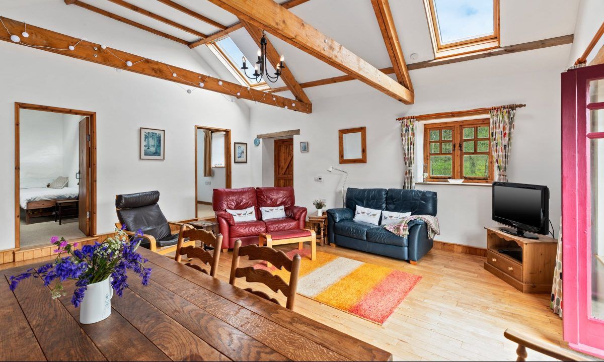 Living room with vaulted beamed ceiling, sofas and doors onto the patio